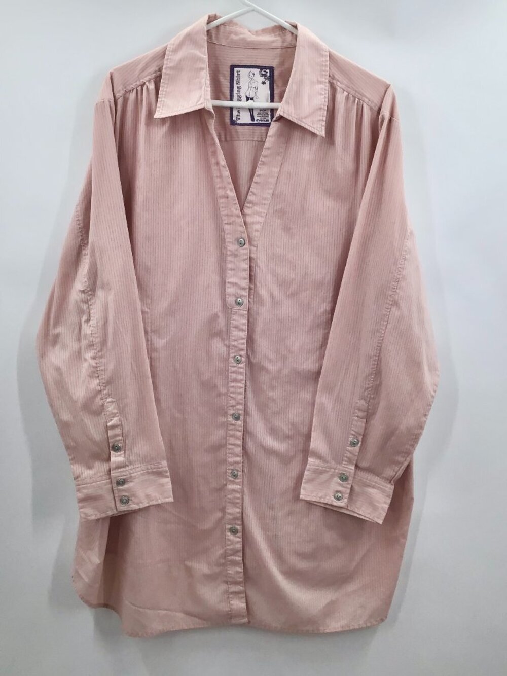 Womens 30/32 Bigshirt Tunic Length Leggings Shirt Pink Sheer Cotton Pinstripes - Picture 1 of 5